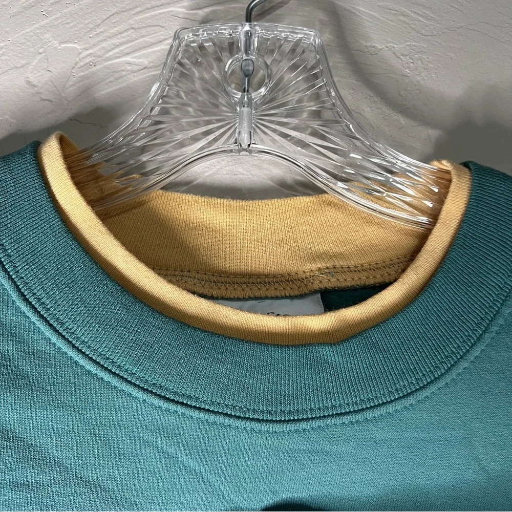 Country Store Scarecrow Harvest Fall Teal Inset Collar Pullover Crewneck Sweater - Picture 5 of 8